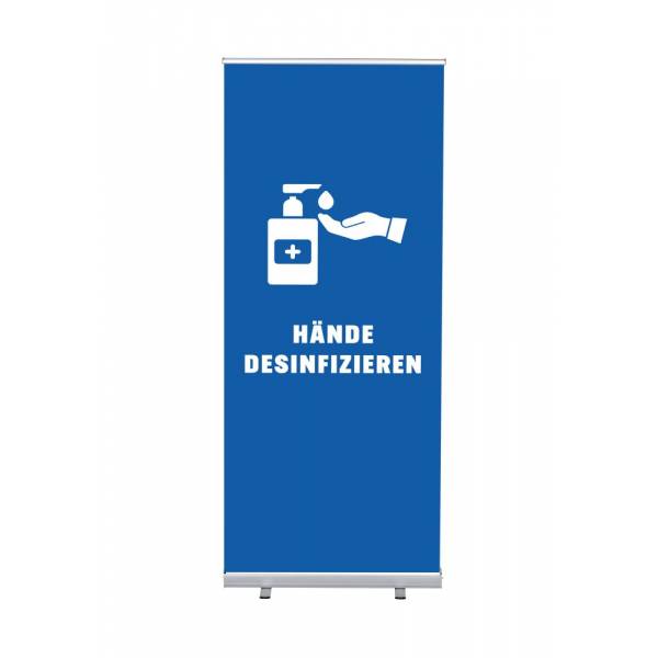 Roll-Banner Budget 85 cm z motywem Dezynfekcja rąk, niebieski, Niemiecki